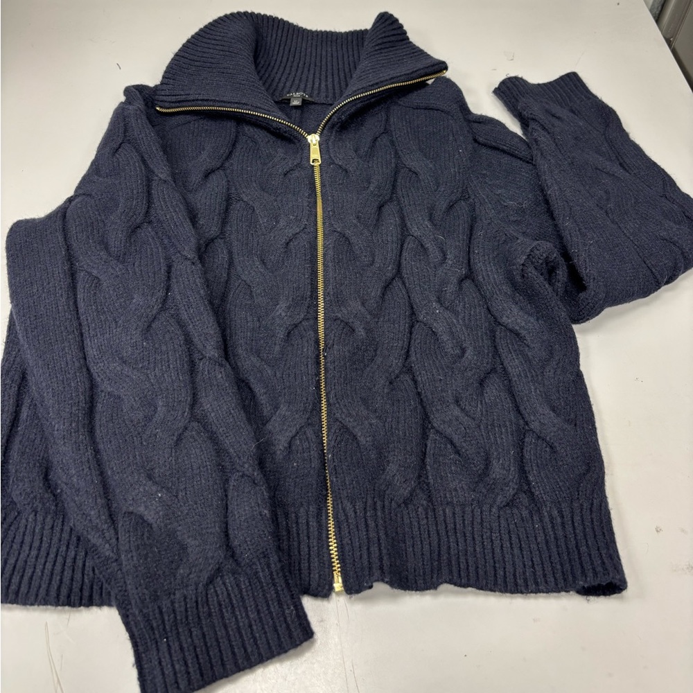 Womens petite talbots navy blue zip up cable knit sweater